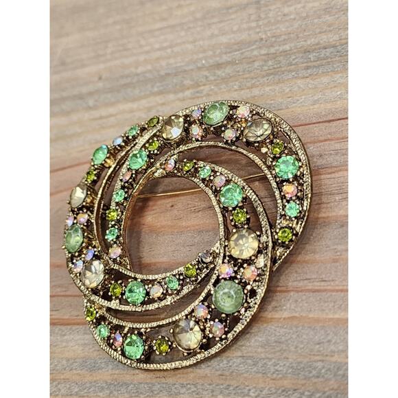 Round Aurora Borealis & Green Rhinestone Brooch Pin AB XL Large Swirl - Picture 2 of 5